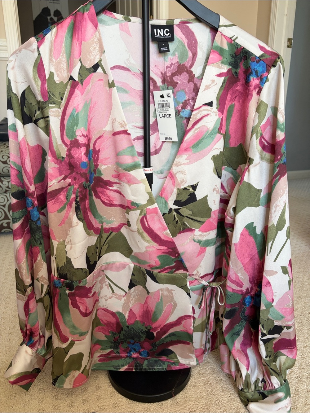 INC International Concepts Pink Floral Wrap Blouse